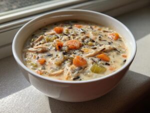 Close-up of a creamy, hearty rice soup featuring shredded chicken, wild rice, carrots, and celery, served in a white bowl.