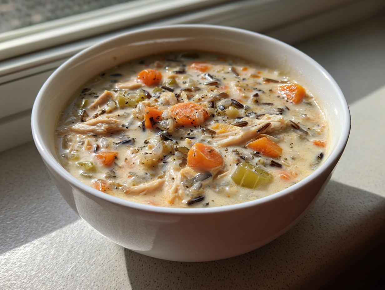 Close-up of a creamy, hearty rice soup featuring shredded chicken, wild rice, carrots, and celery, served in a white bowl.