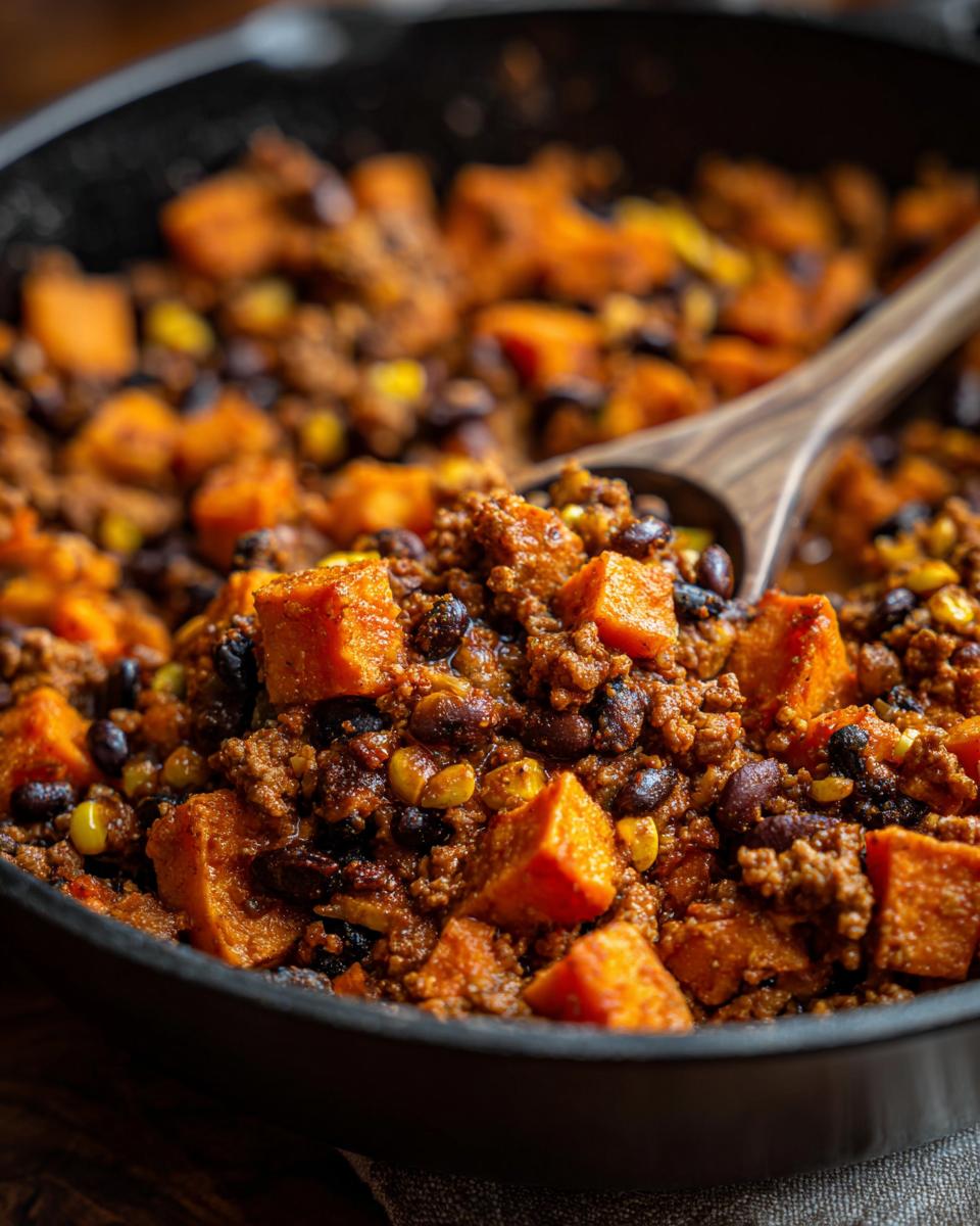 Close-up of a rich, savory sweet potato skillet mixture with ground meat, black beans, and corn being stirred with a wooden spoon.