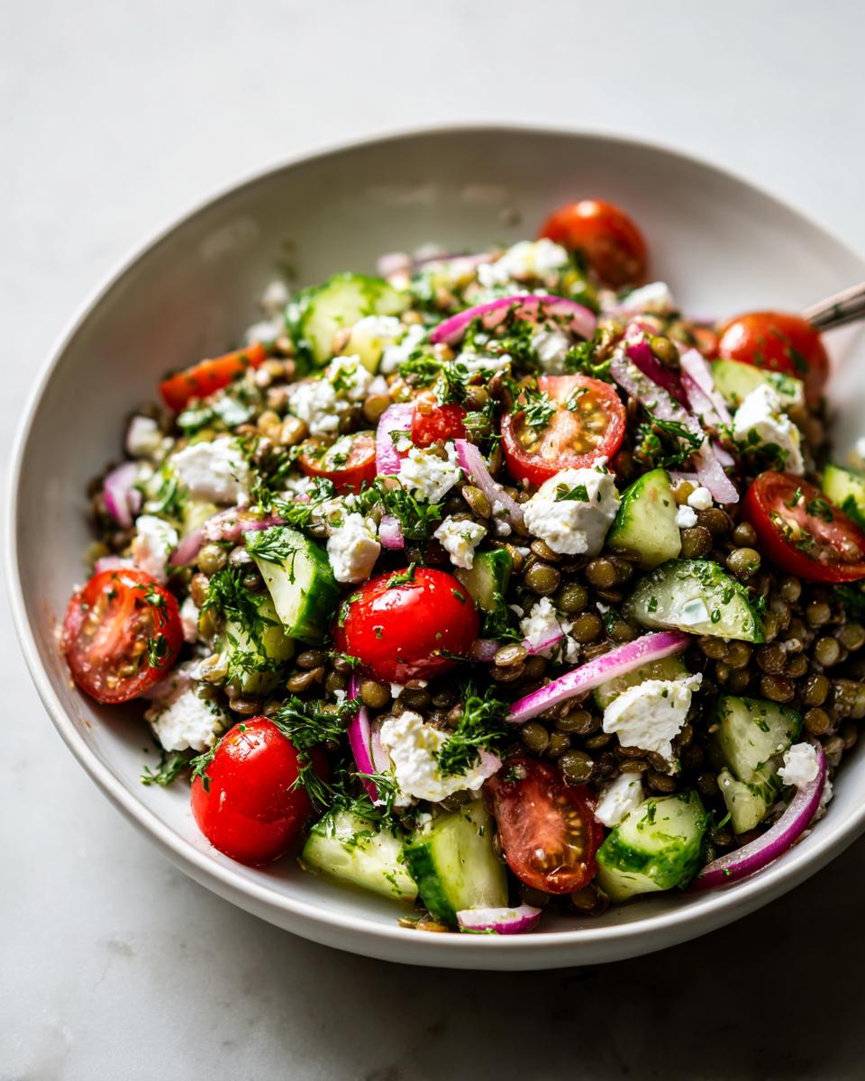 A vibrant close-up of a healthy lentil salad featuring green lentils, cherry tomatoes, cucumber, red onion, and feta cheese.