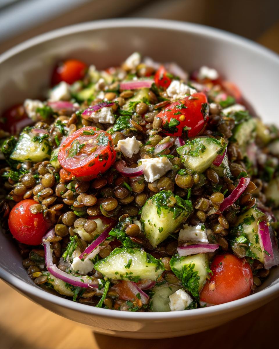 Close-up of a vibrant lentil salad featuring lentils, cherry tomatoes, cucumber, red onion, and feta cheese.