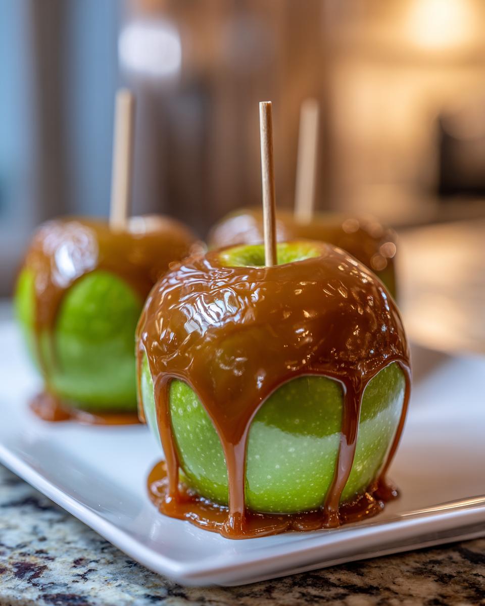Close-up of a glossy, homemade caramel apple made with a green Granny Smith apple, dripping with rich caramel sauce.