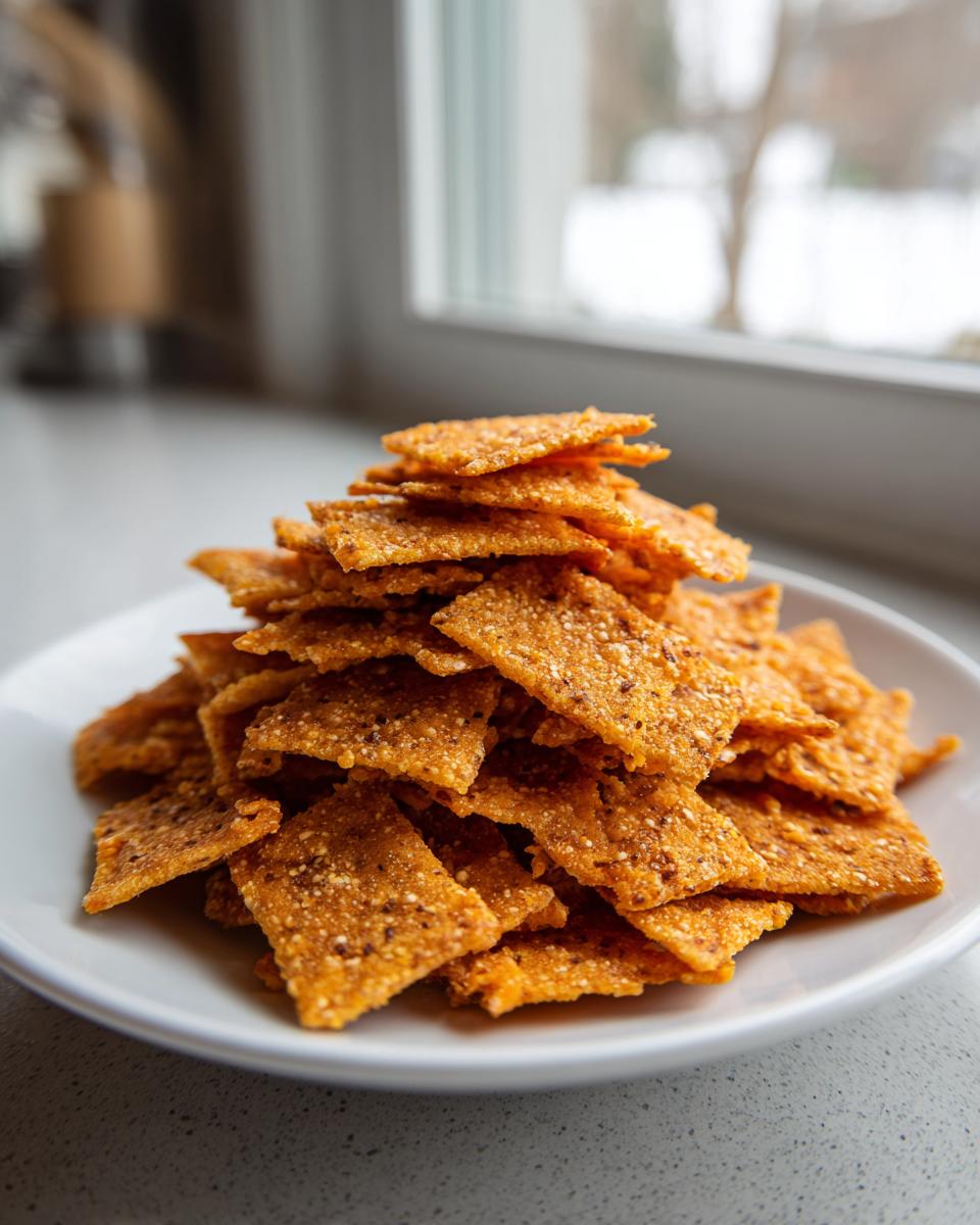 A close-up of a large pile of golden, savory homemade cheese crackers stacked on a white plate.