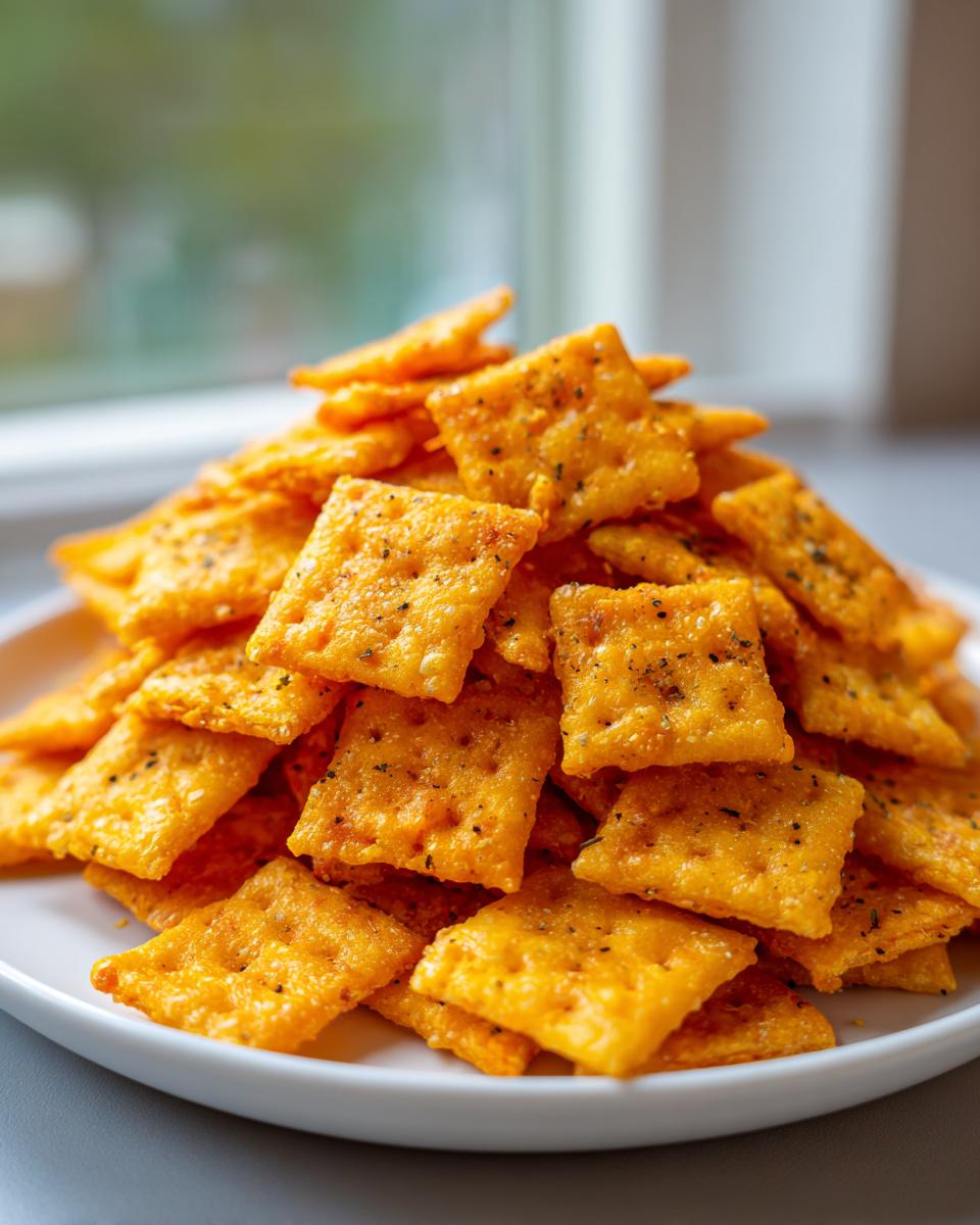 A tall pile of homemade, square, orange cheese crackers seasoned with black pepper, ready to eat.