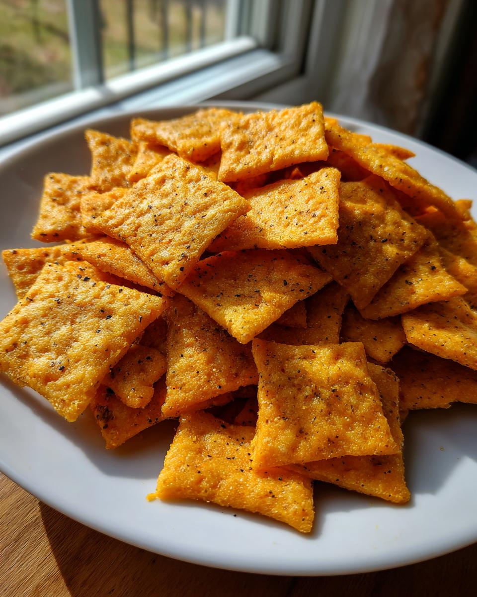 A close-up of a mound of bright orange, square homemade cheese crackers seasoned with black pepper, sitting on a white plate.