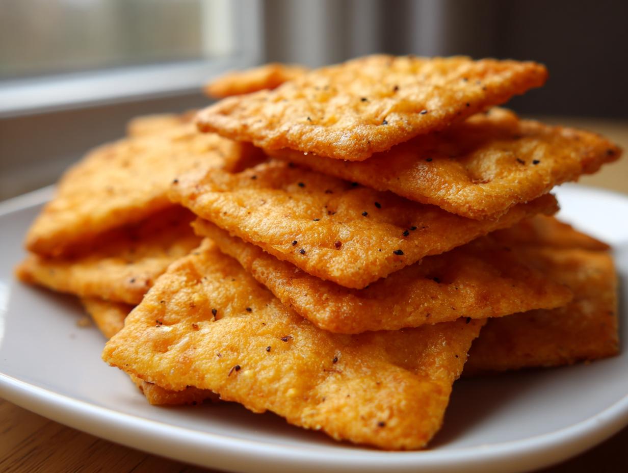 Close-up of a stack of golden orange homemade cheese crackers seasoned with black pepper flakes.