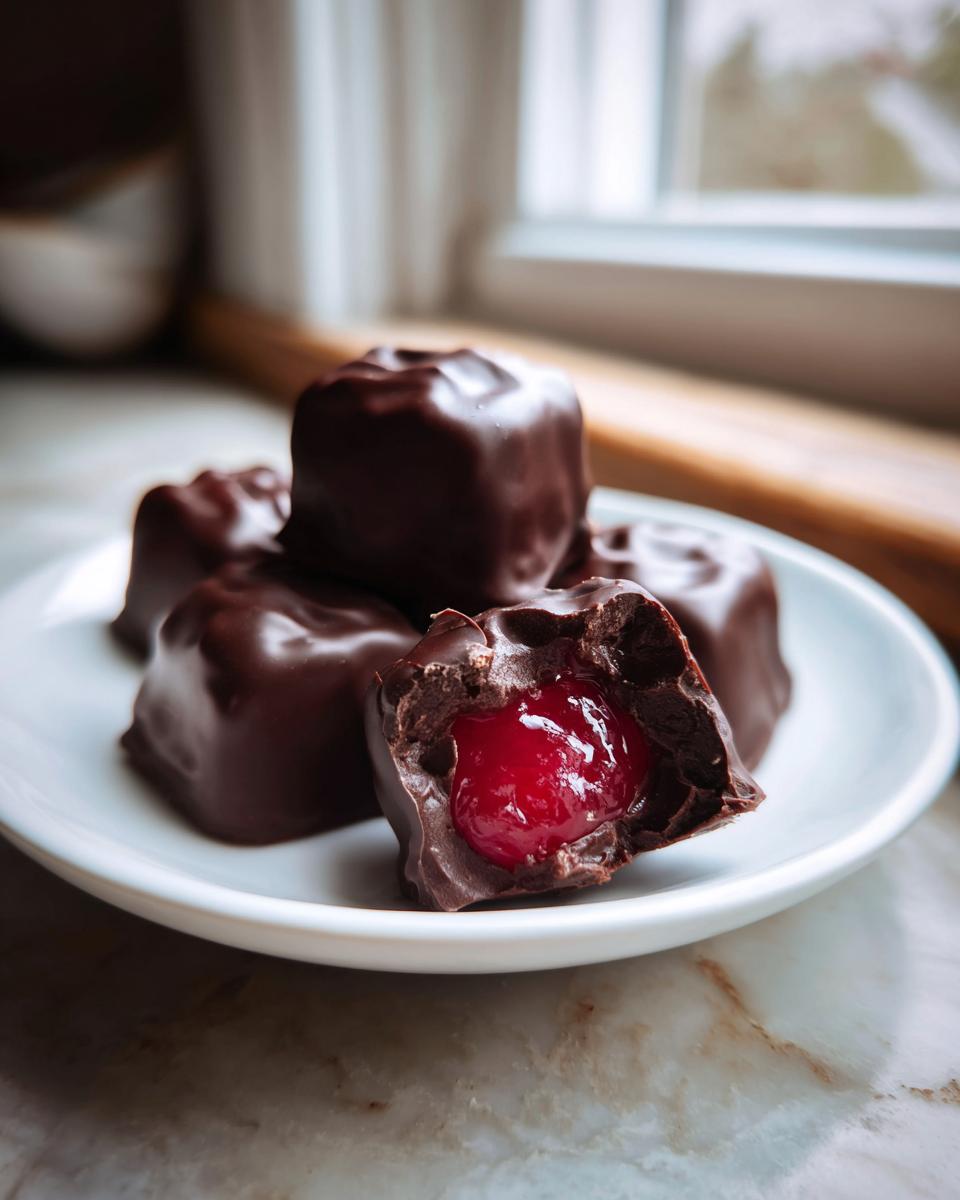A stack of homemade chocolate covered cherries on a white plate, one bitten open revealing a bright red cherry center.