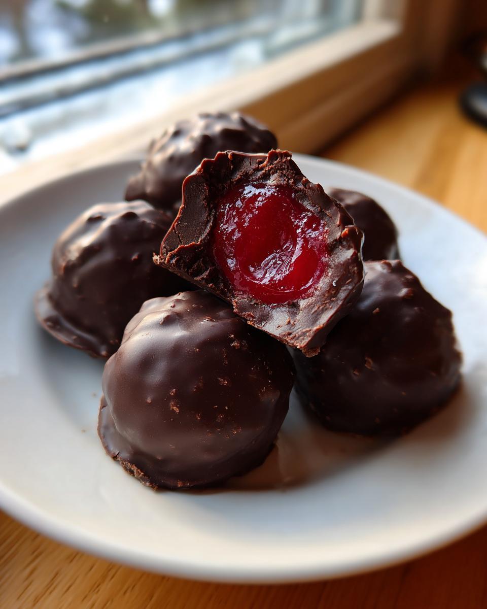 A close-up of homemade chocolate covered cherries, with one cut open revealing the bright red cherry filling.
