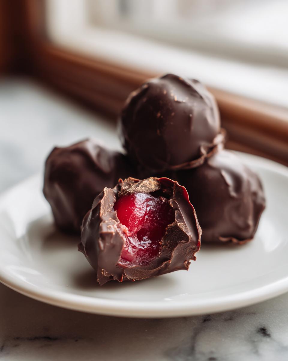 Close-up of homemade chocolate covered cherries, one is broken open revealing a bright red, juicy cherry inside.