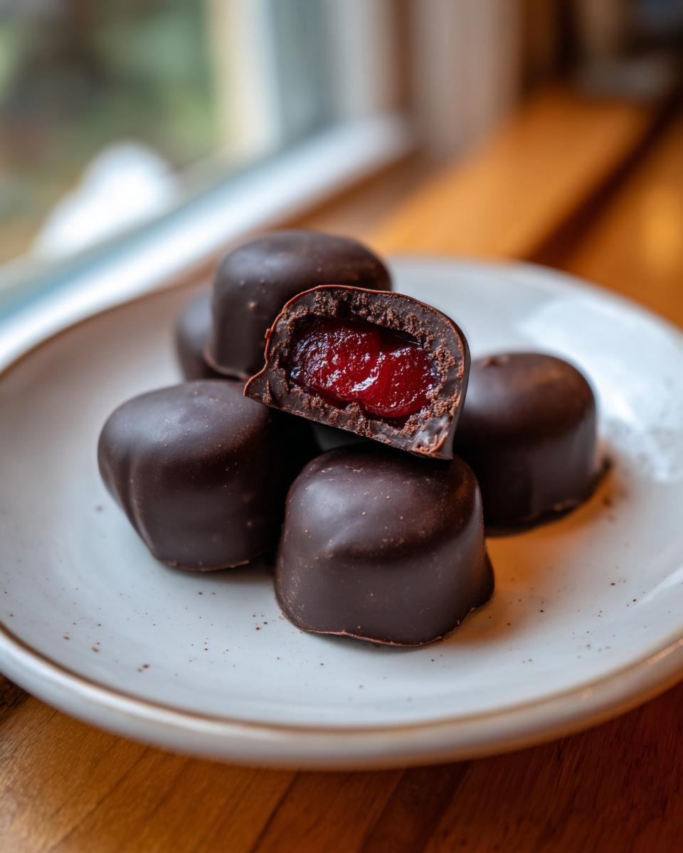 A stack of homemade chocolate covered cherries on a plate, one cut in half revealing the bright red cherry filling.