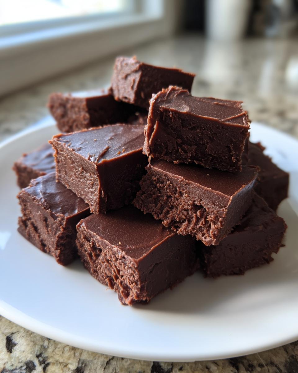A stack of rich, dark chocolate fudge squares piled high on a white plate.