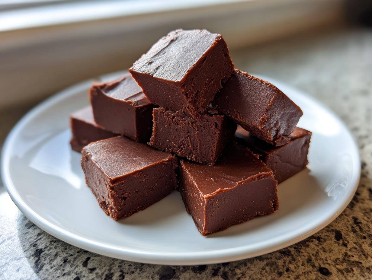 A stack of rich, dark chocolate fudge squares piled high on a small white plate.