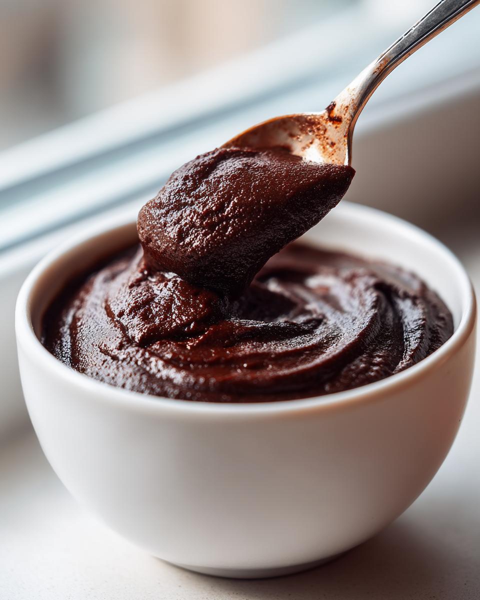 A spoonful of thick, rich homemade chocolate pudding being lifted from a white bowl.