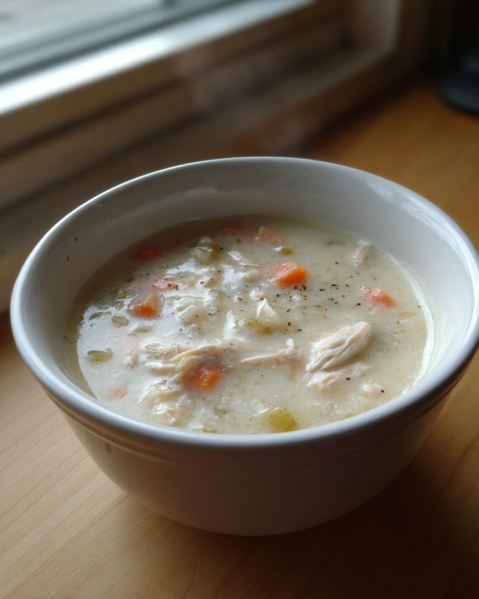 A close-up of a white bowl filled with creamy homemade cream of chicken soup, featuring visible shredded chicken, carrots, and celery.
