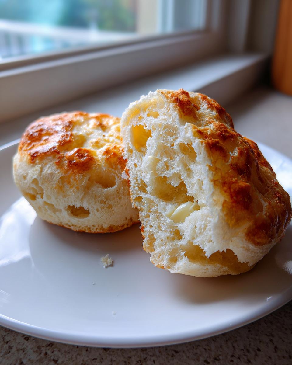 A split homemade English muffin showing its airy interior with melting butter, resting on a white plate.