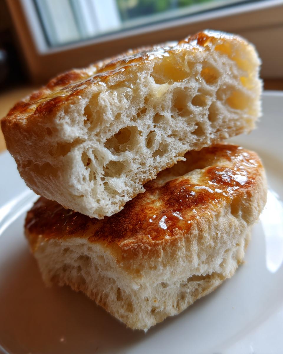 A close-up of homemade english muffins split open, showing the signature nooks and crannies, drizzled with honey.