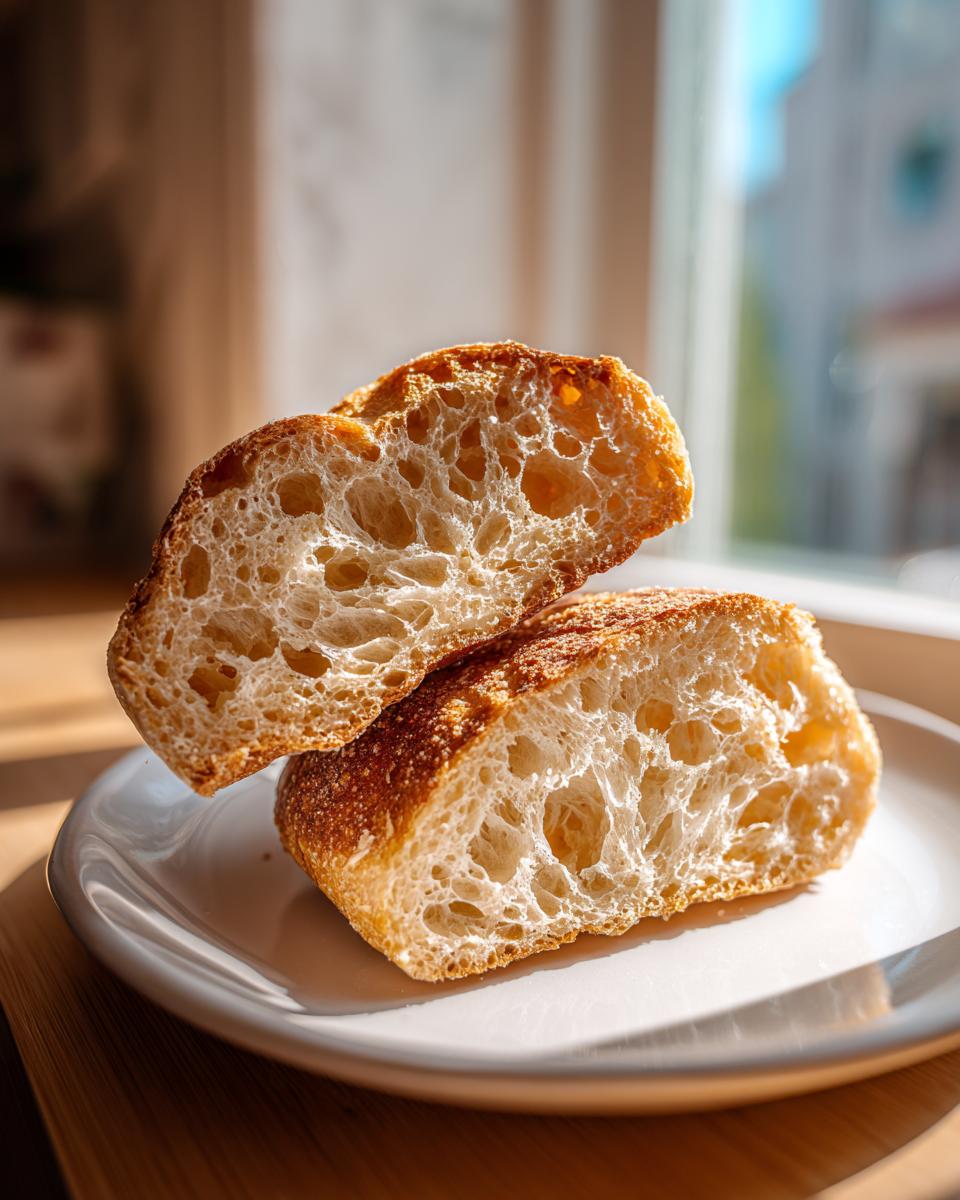 Close-up of homemade english muffins sliced in half showing the signature open, airy crumb structure.