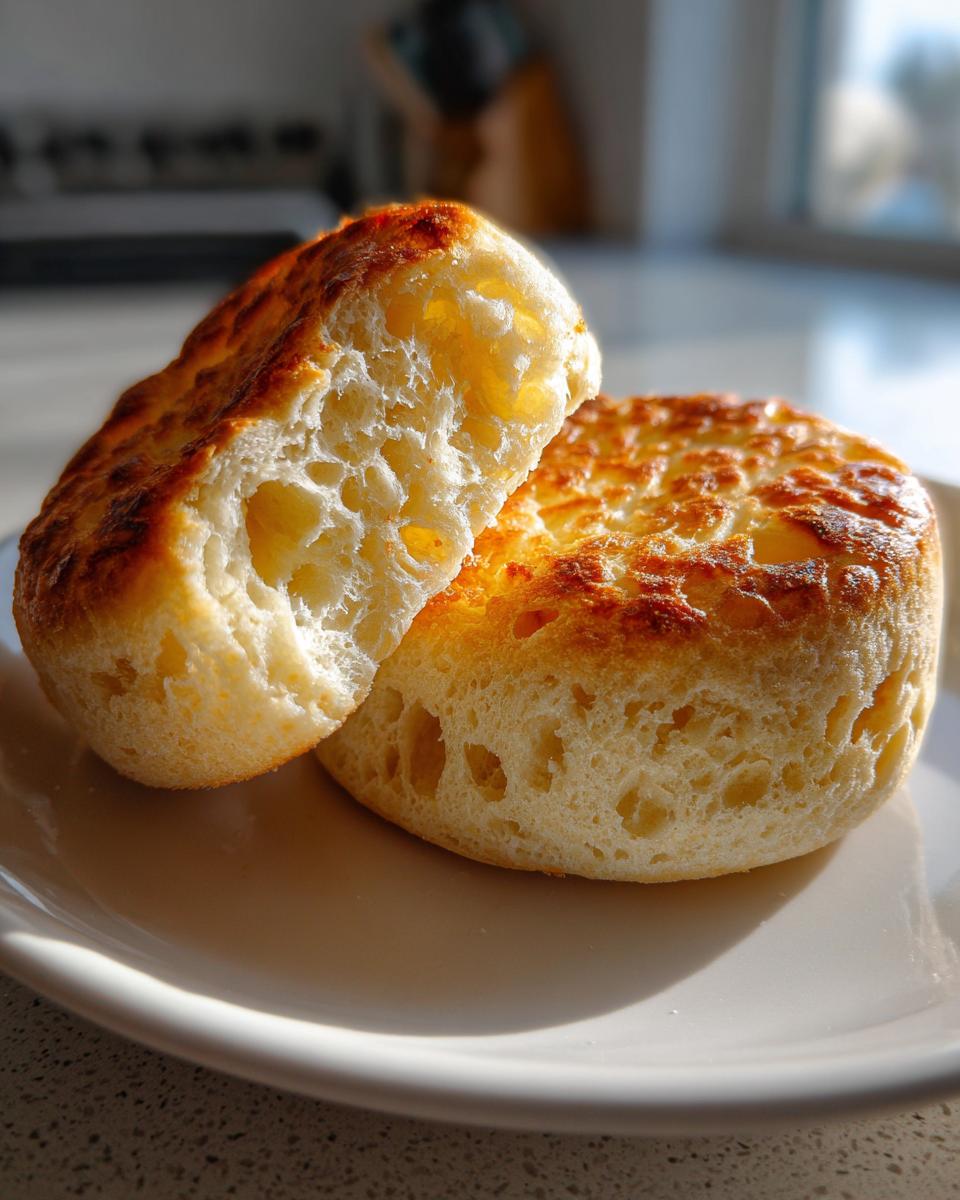 Close-up of homemade English muffins, one split open revealing classic 'nooks and crannies' texture.