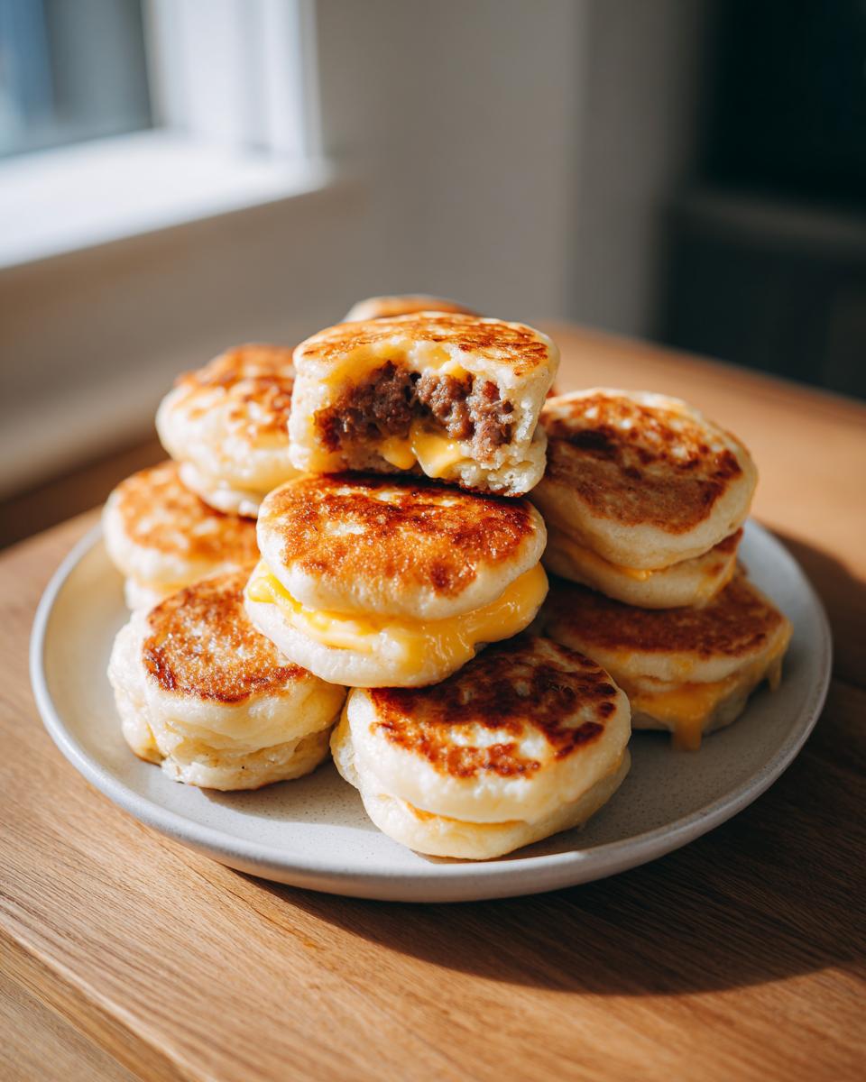 A stack of golden-brown homemade mcgriddle bites filled with sausage and melted cheese, one is cut open.