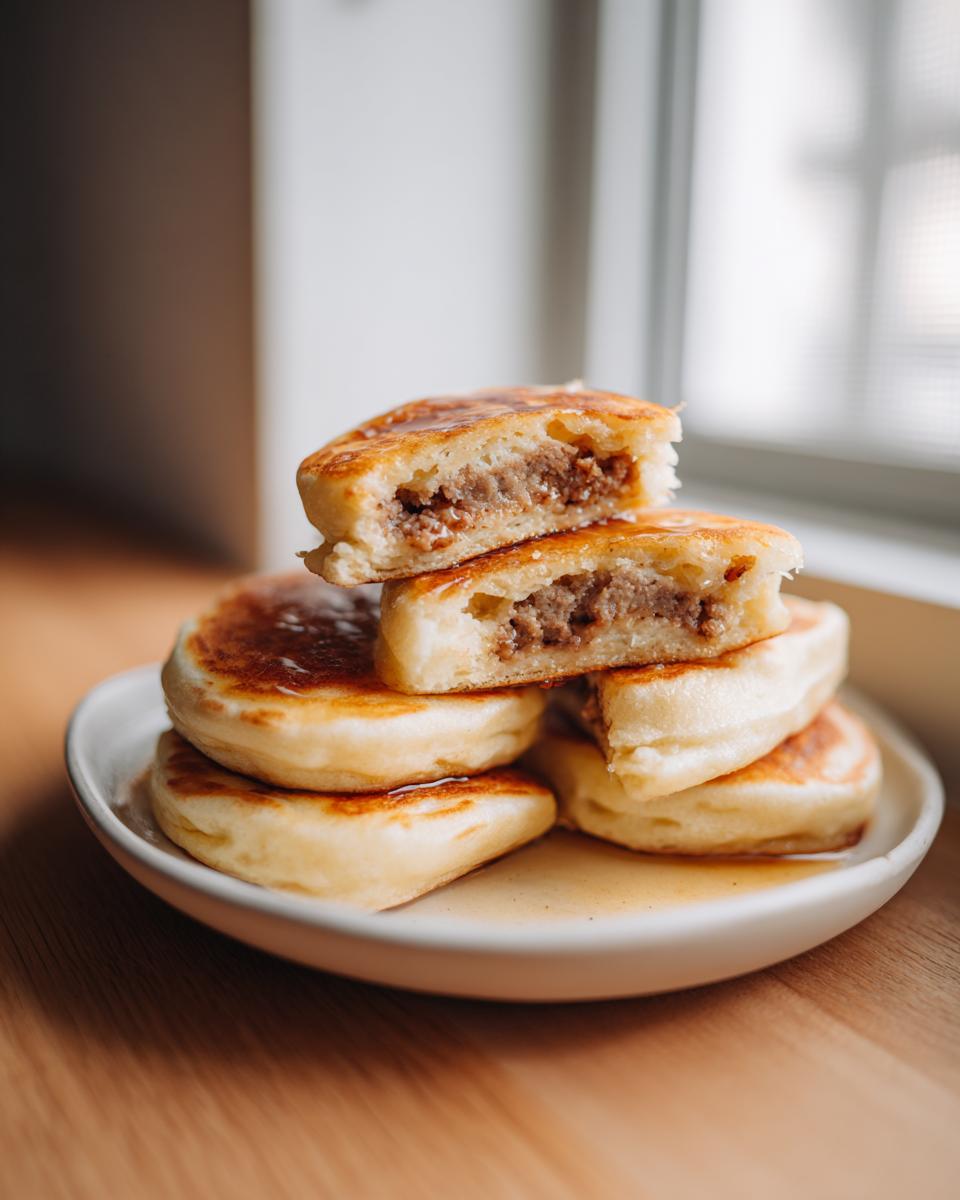 A stack of golden brown homemade mcgriddle bites, one cut in half showing the savory sausage filling.