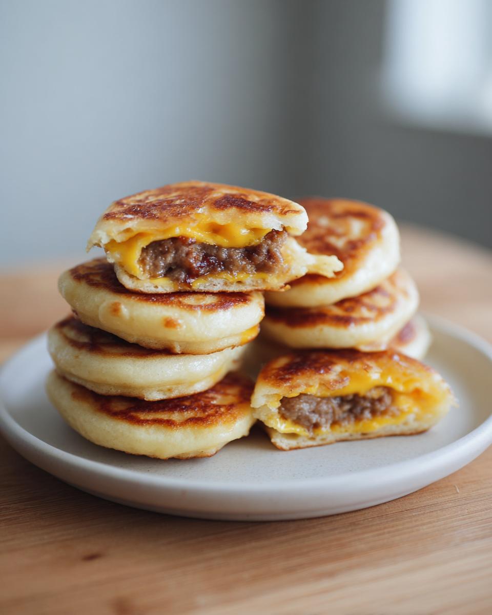 A stack of golden-brown homemade mcgriddle bites filled with sausage and melted cheddar cheese, served on a light plate.