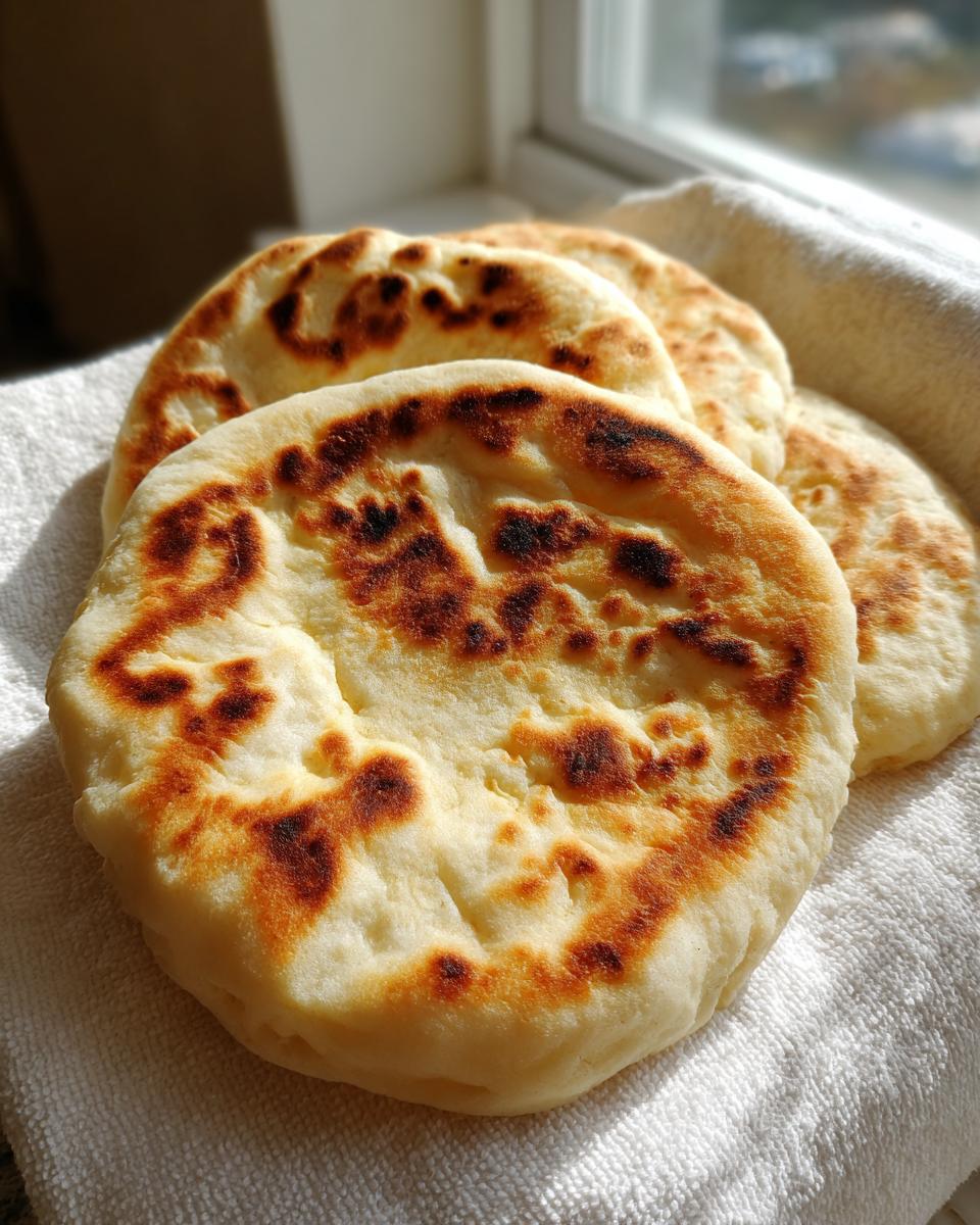 Close-up of several golden-brown, slightly charred homemade pita bread pockets resting on a white cloth.