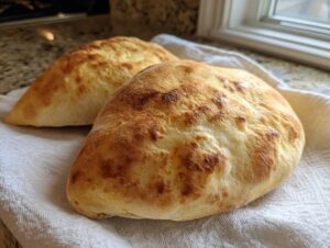 Two golden-brown, puffy homemade pita bread pockets resting on a white cloth near a kitchen window.