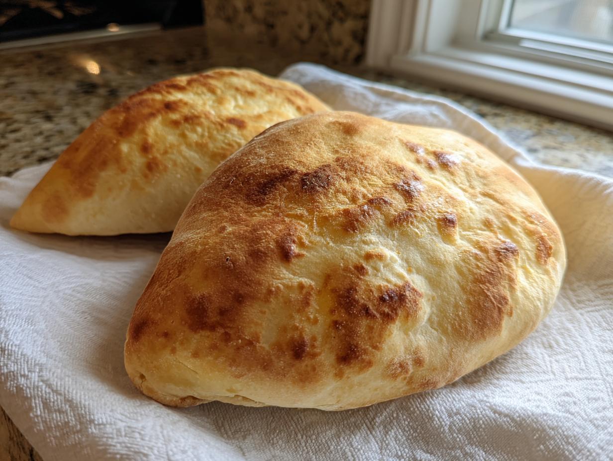 Two golden-brown, puffy homemade pita bread pockets resting on a white cloth near a kitchen window.