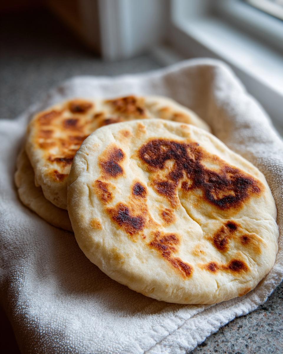 Close-up of two freshly cooked pita bread rounds with golden-brown charred spots resting on a white kitchen towel.