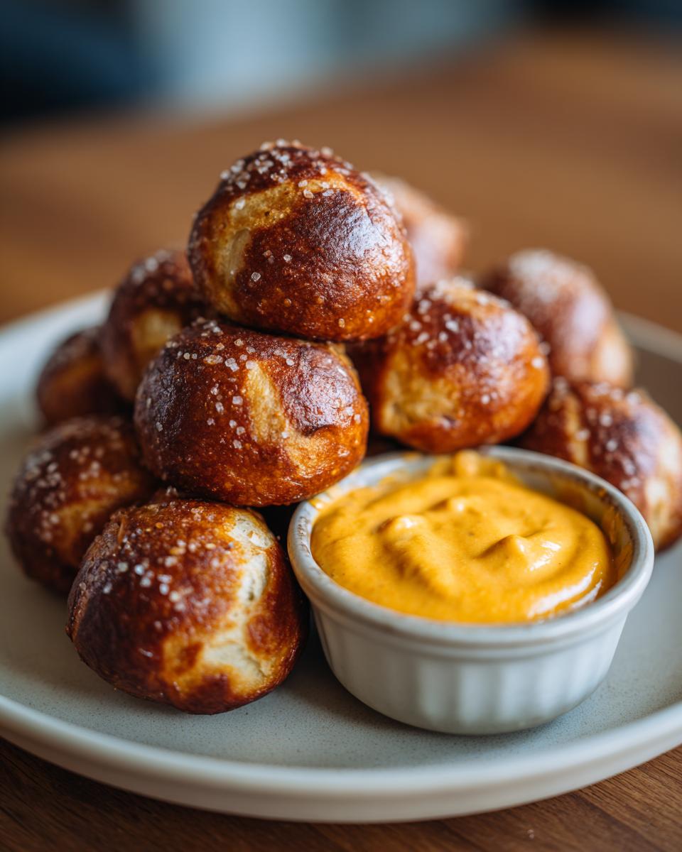 A stack of warm, salted pretzel bites served next to a small bowl of bright yellow cheese sauce.