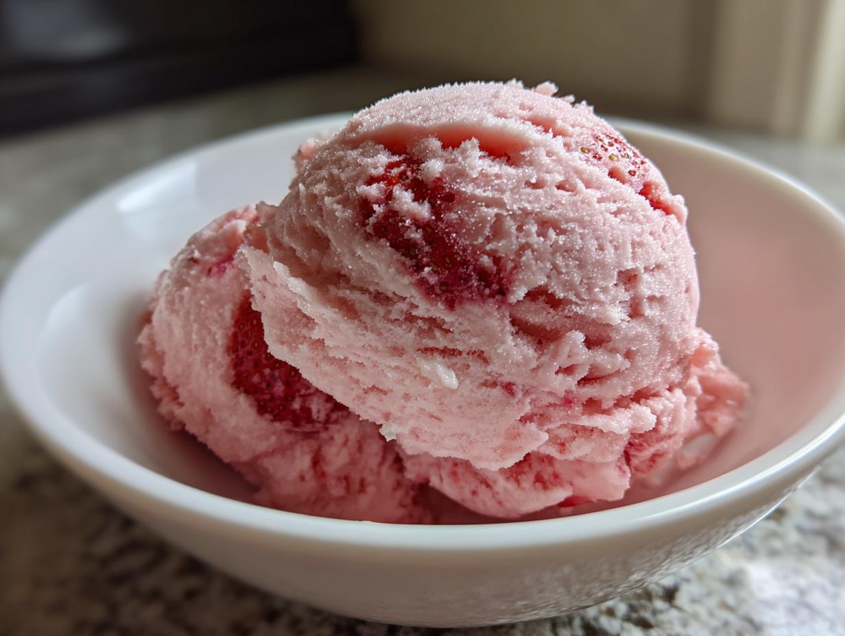 Two scoops of pink, homemade strawberry ice cream with visible fruit pieces served in a small white bowl.