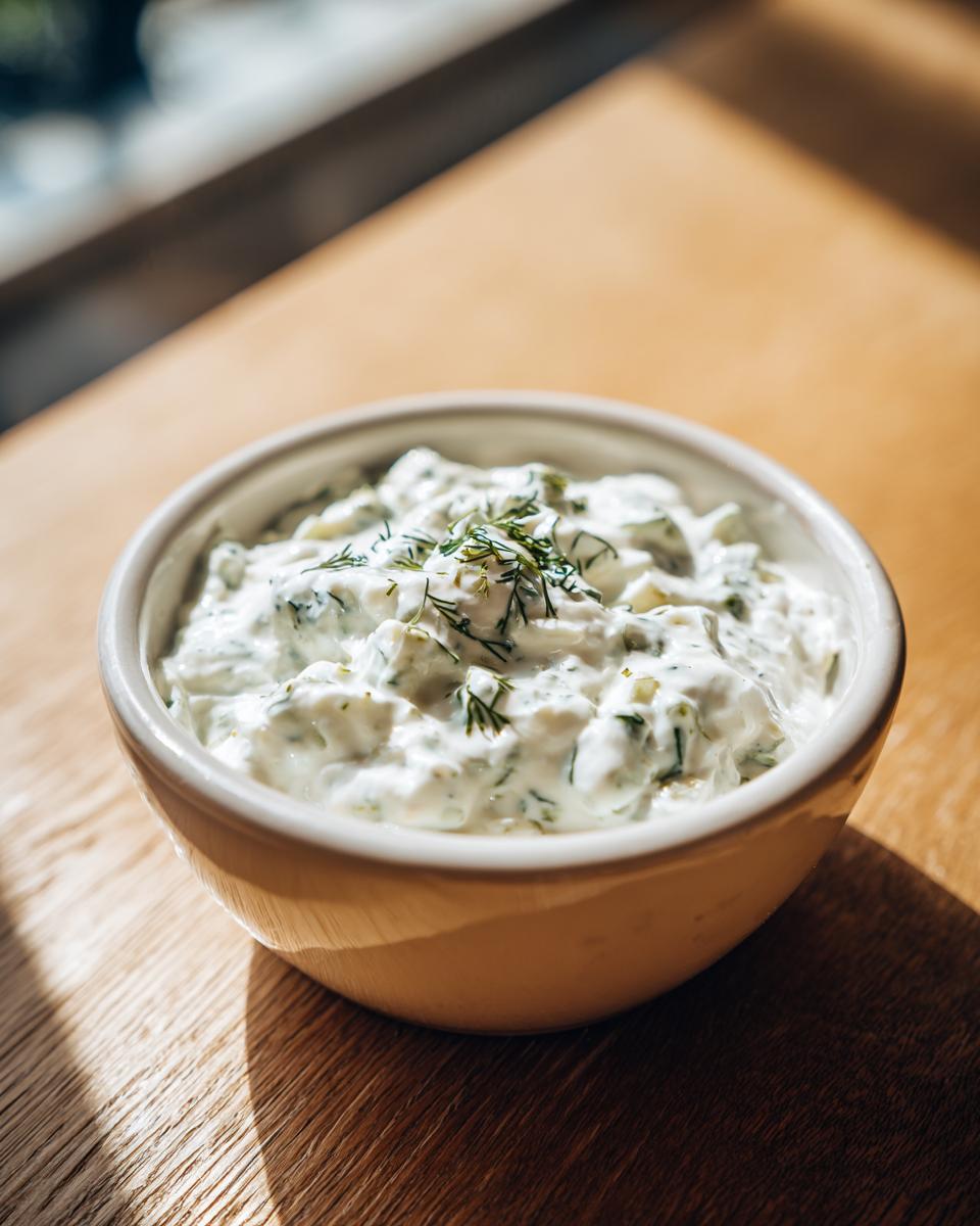A small, light-colored bowl filled with creamy, chunky tartar sauce recipe, garnished with fresh dill.
