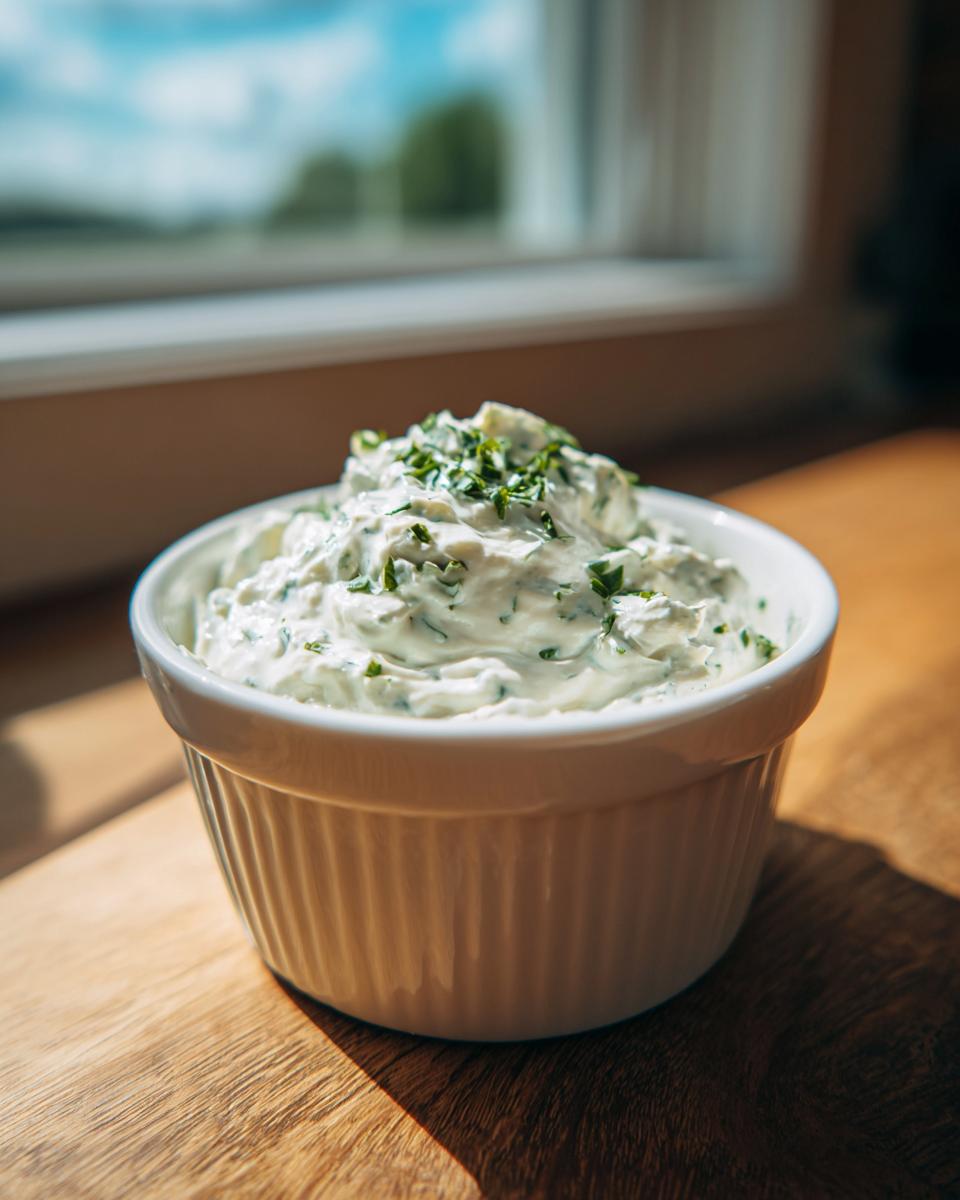 A close-up of homemade tartar sauce recipe, creamy white with green herbs, served in a white fluted bowl.
