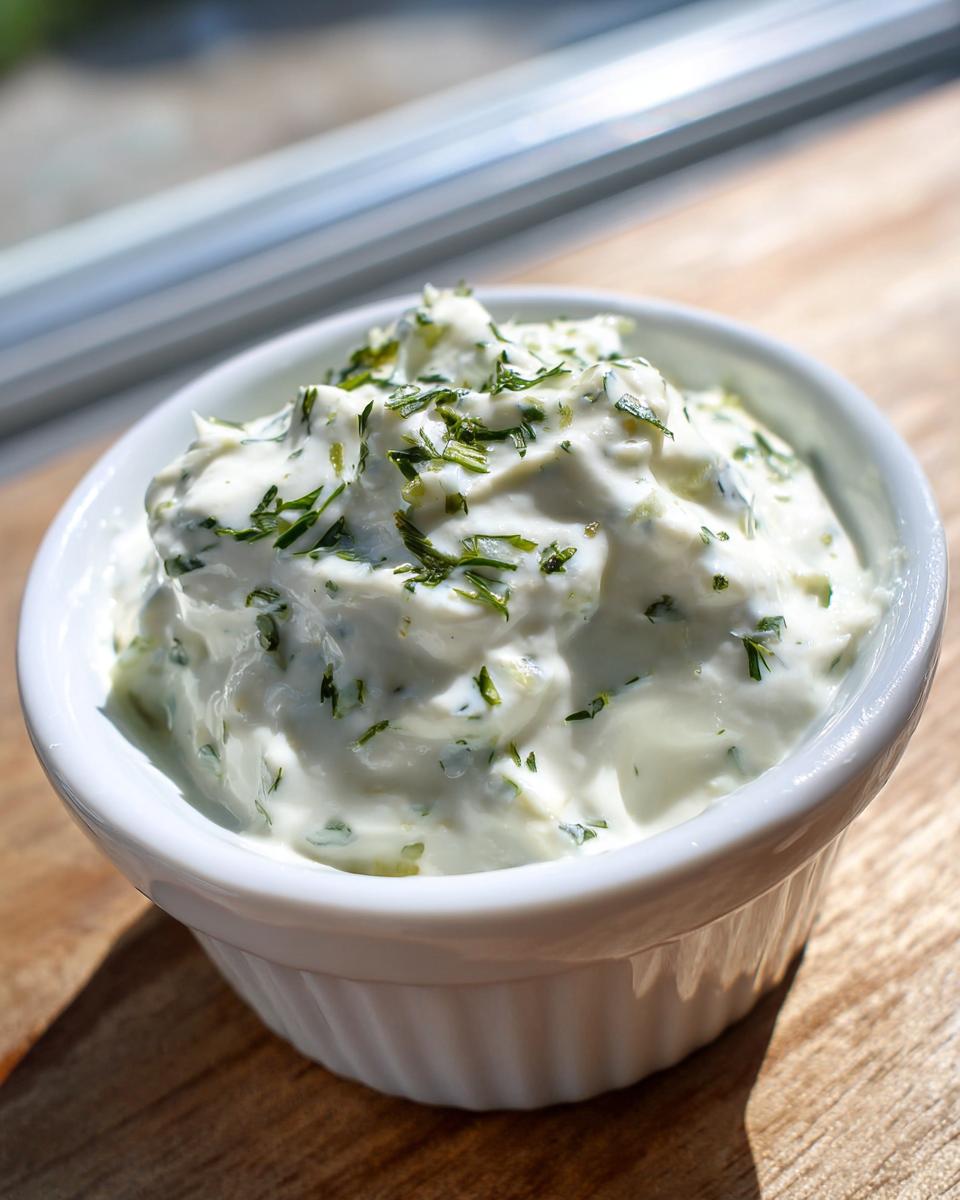 Close-up of creamy homemade tartar sauce recipe topped with fresh chopped herbs in a small white bowl.