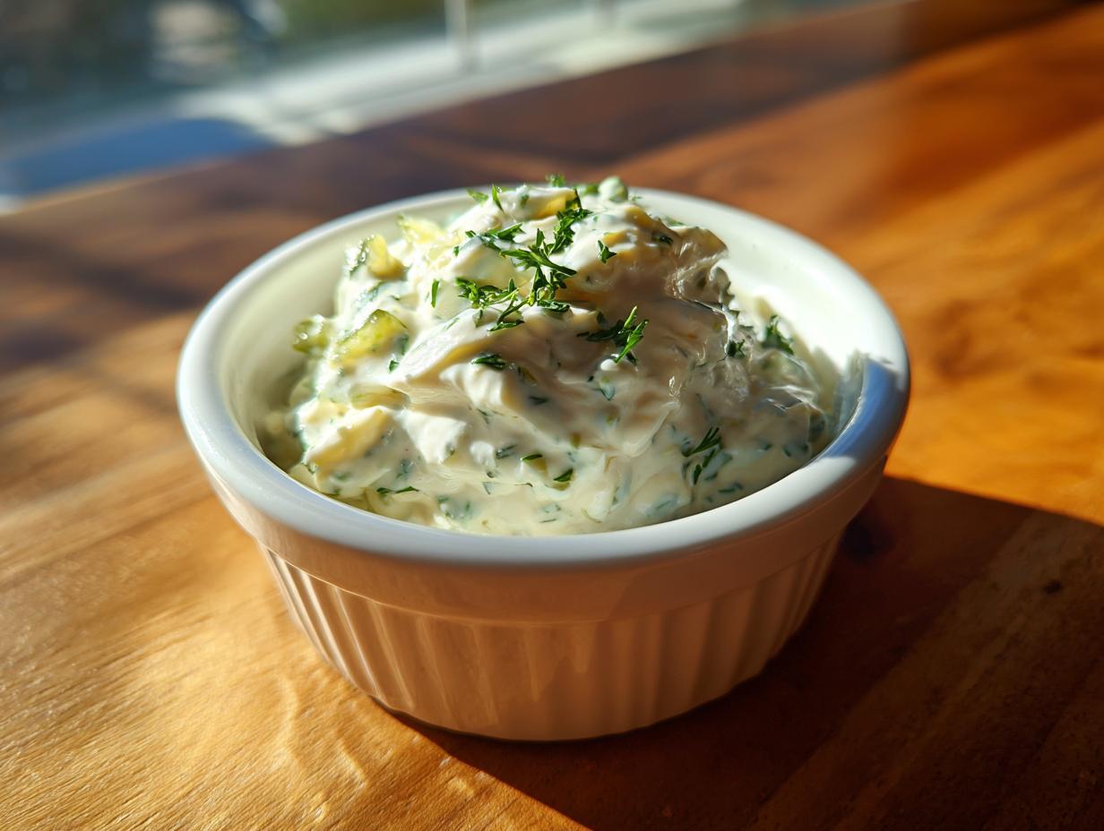 A small white ramekin filled with creamy, chunky homemade tartar sauce recipe, garnished with fresh dill.