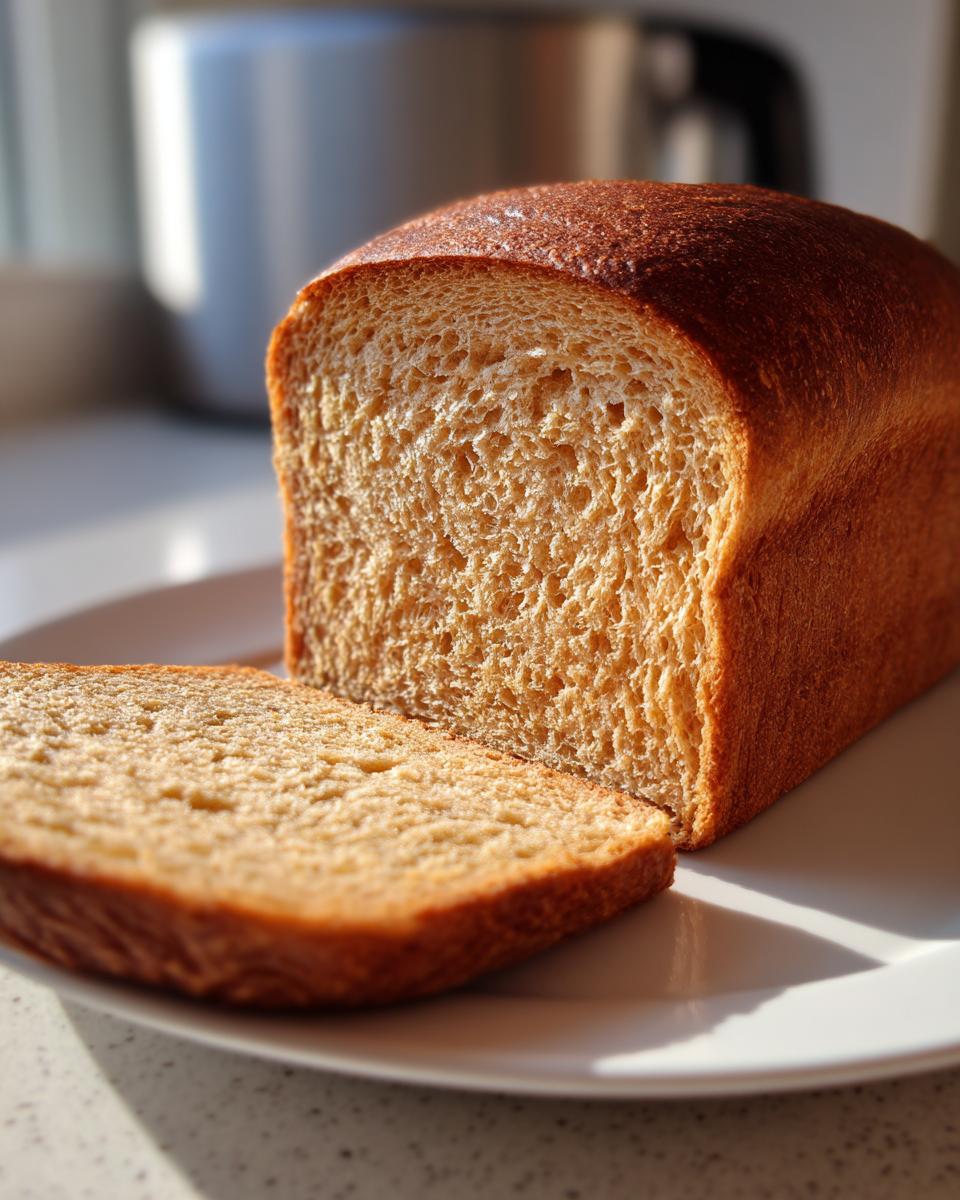 A freshly baked loaf of whole wheat bread with one slice cut and resting beside it on a white plate.