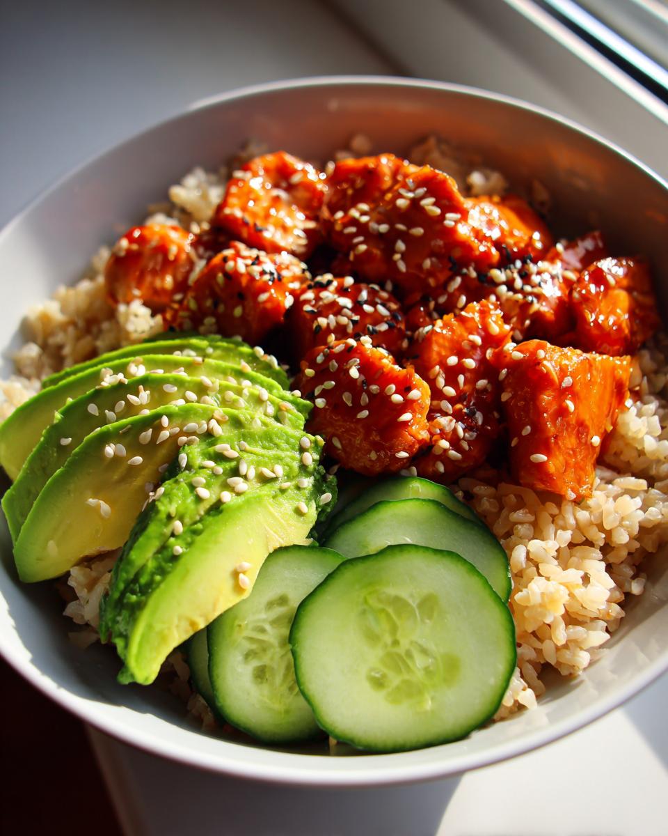 A close-up of vibrant honey sriracha salmon bowls featuring glazed salmon chunks, brown rice, sliced avocado, and cucumber.