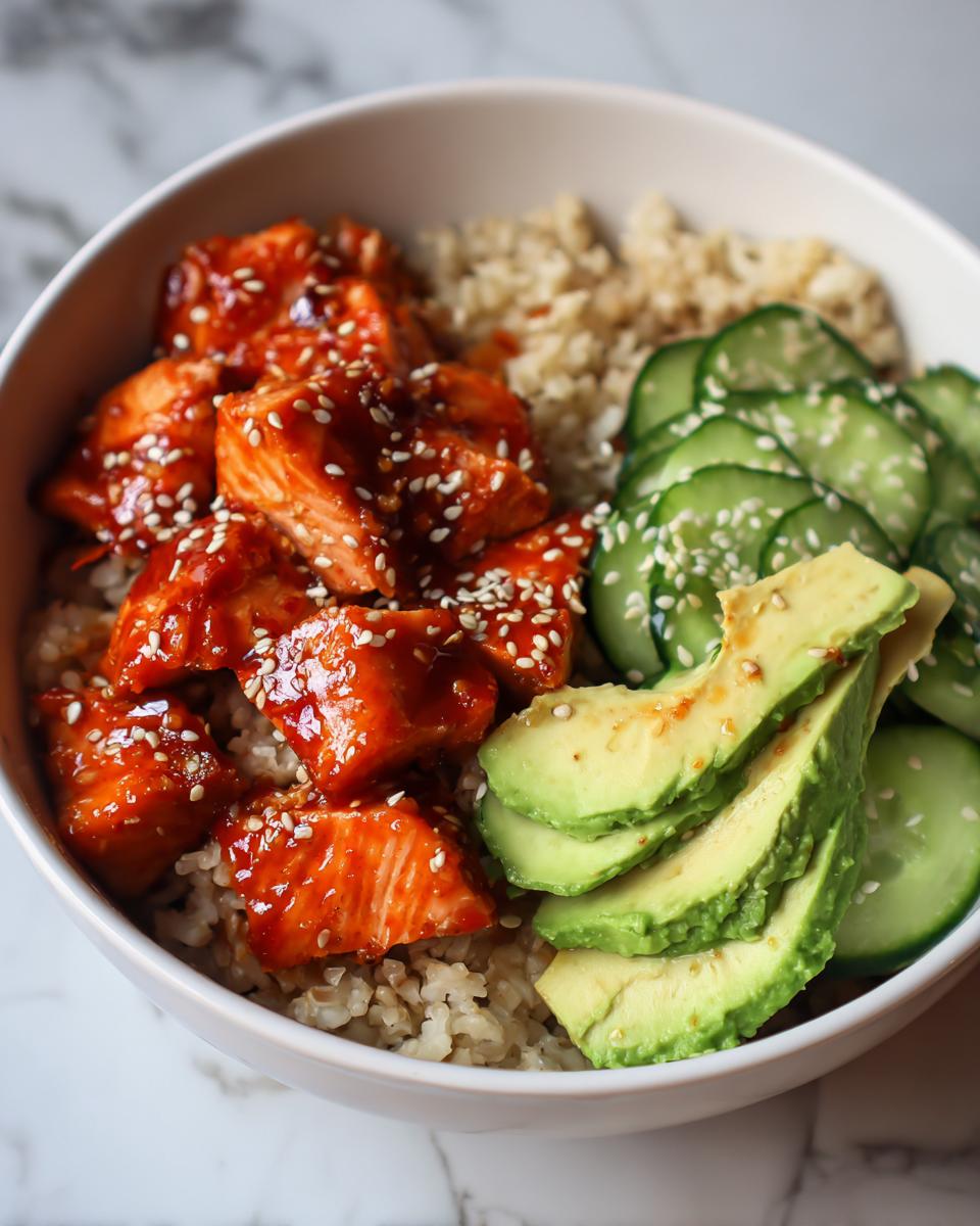 Close-up of honey sriracha salmon bowls featuring glazed salmon chunks, brown rice, sliced avocado, and cucumbers.