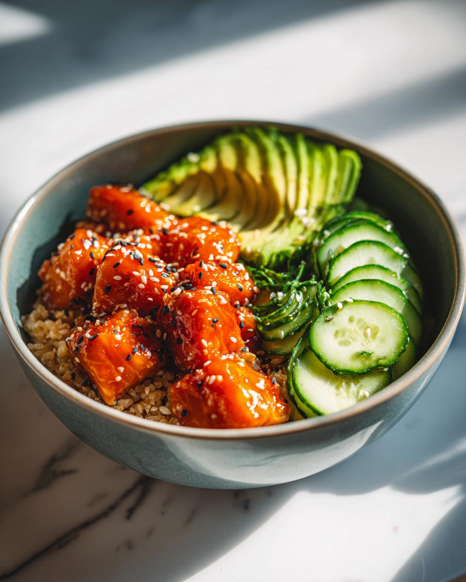 Close-up of vibrant honey sriracha salmon cubes served over quinoa in one of the amazing salmon bowls.