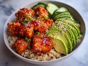 Close-up of vibrant Honey Sriracha salmon bowls featuring glazed salmon pieces, sliced avocado, cucumber, and brown rice.
