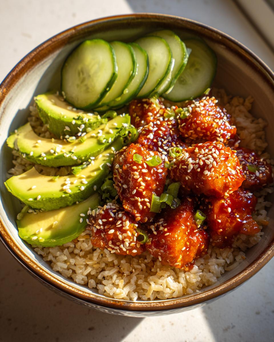 Close-up of a delicious salmon bowls featuring glazed salmon pieces, brown rice, avocado slices, and cucumber.