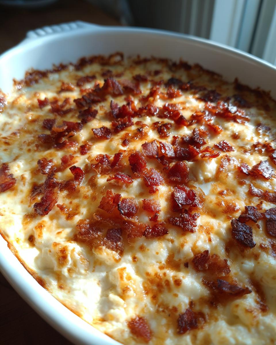 Close-up of a creamy, baked popper dip topped generously with crispy bacon crumbles in a white oval baking dish.