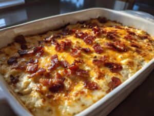 Close-up of a creamy, baked popper dip topped with melted cheddar cheese and crispy bacon pieces.