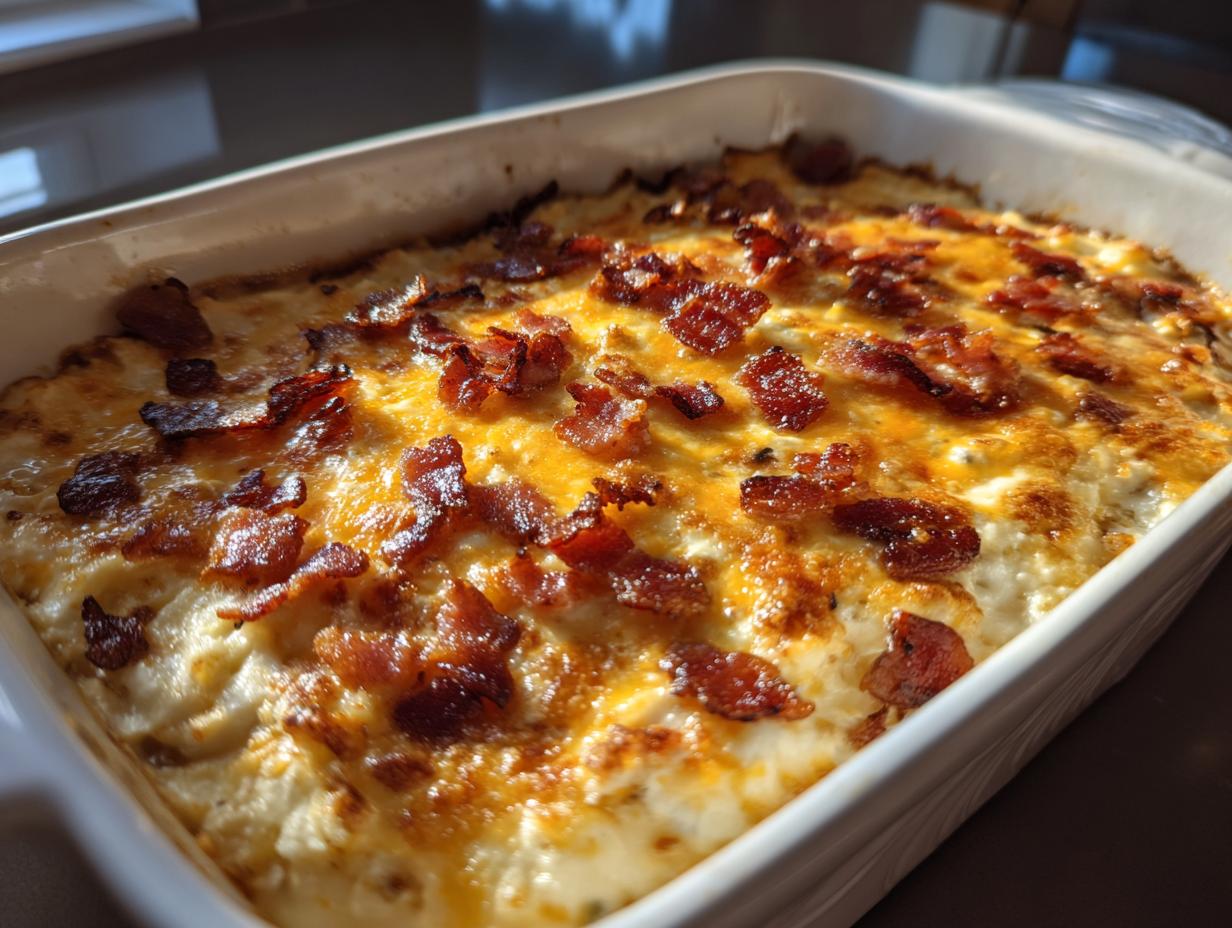 Close-up of a creamy, baked popper dip topped with melted cheddar cheese and crispy bacon pieces.