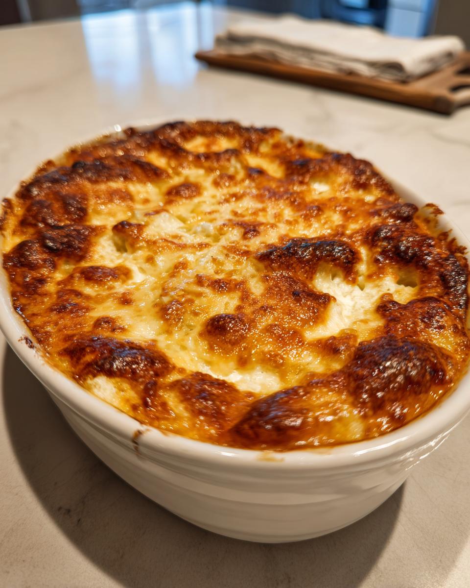 Close-up of a hot, baked savory bread dip with a golden-brown, bubbly cheese crust in an oval white baking dish.