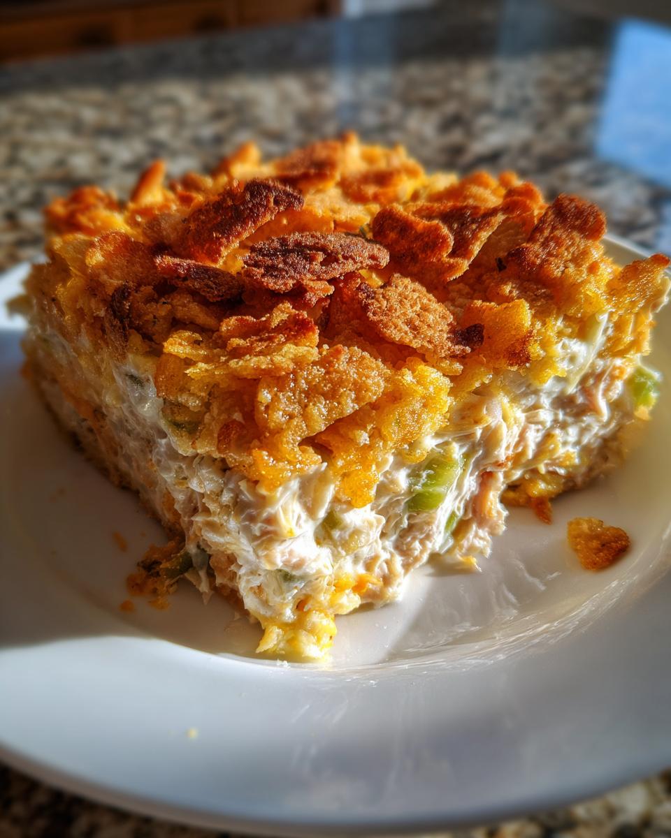 A square slice of creamy hot chicken salad casserole topped with golden, crunchy cornflakes.