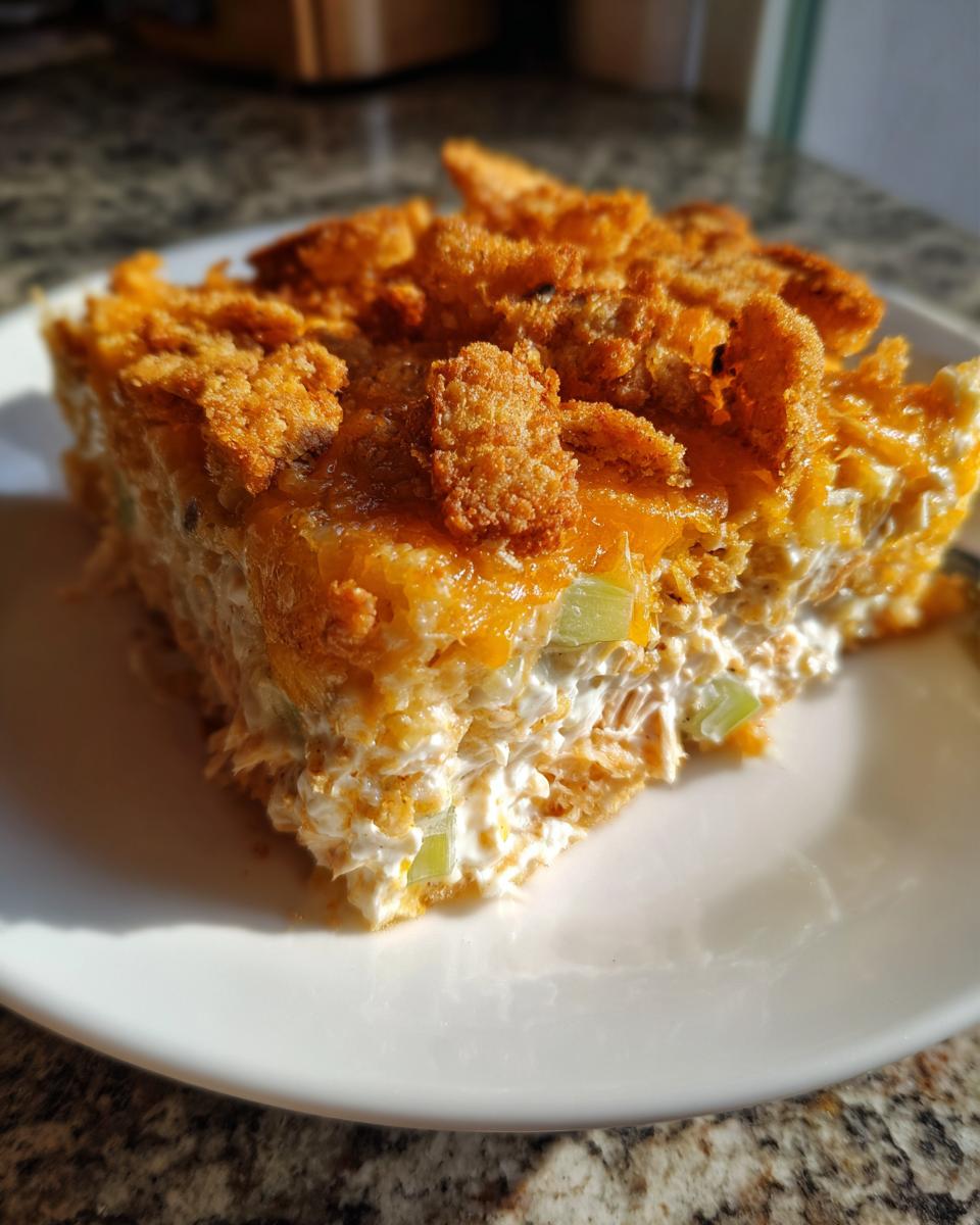 A close-up slice of creamy hot chicken salad casserole topped with melted cheese and crunchy cornflakes.