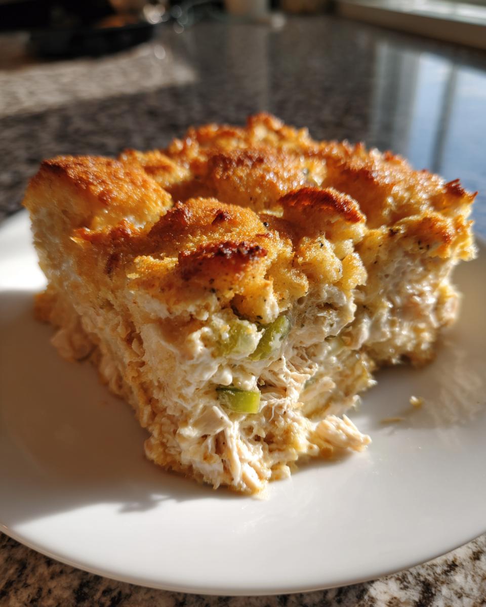 A square serving of baked hot chicken salad casserole with a crunchy golden topping on a white plate.