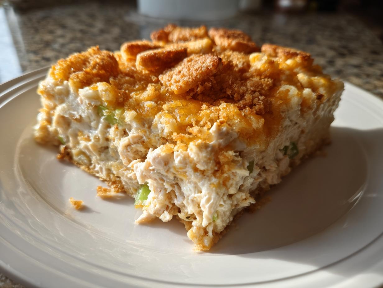 A square serving of creamy hot chicken salad casserole with a crunchy, golden topping on a white plate.