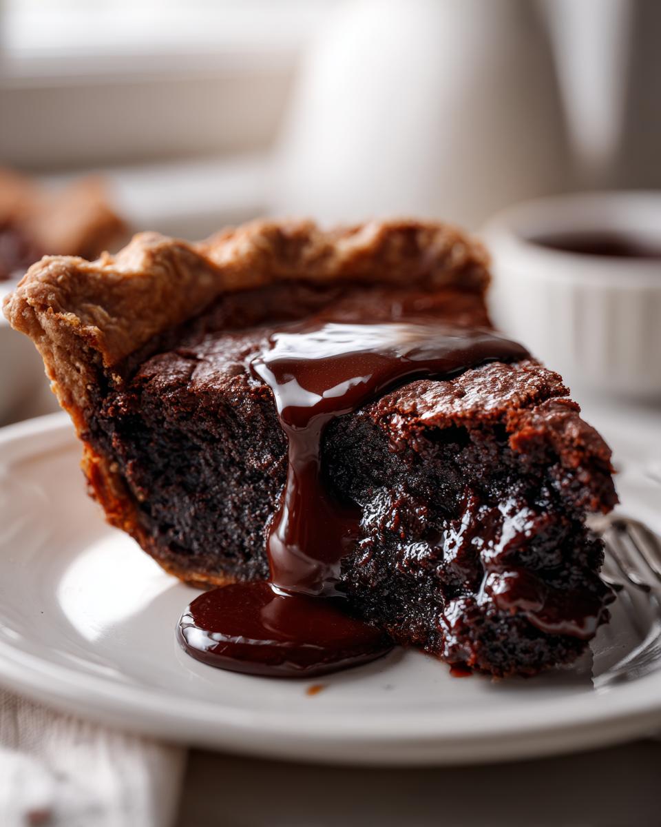 Close-up of a rich, dark slice of hot fudge pie with warm chocolate fudge sauce dripping down the side.